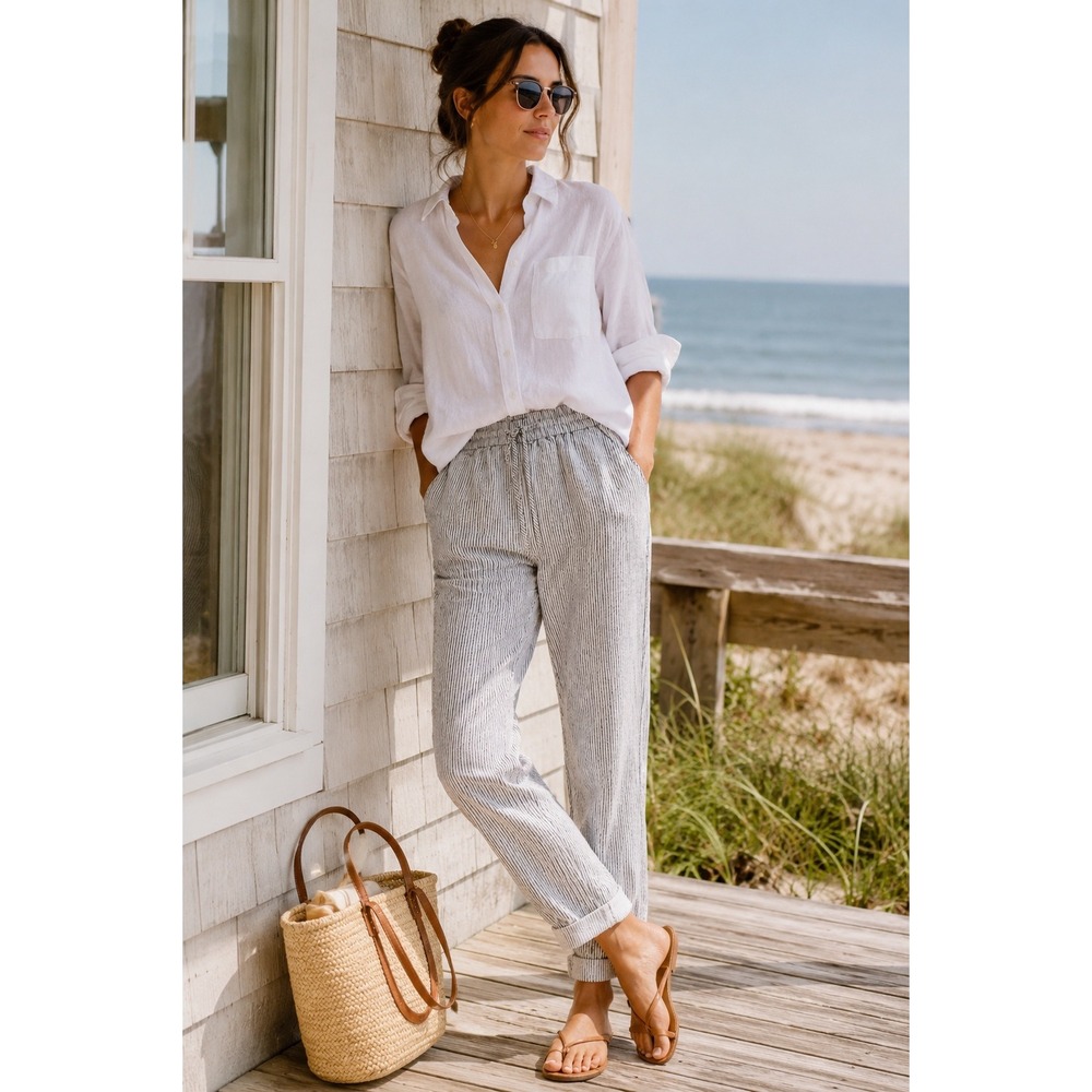 J.Crew Seaside Pant Striped Linen Blend Size 4 Navy White Ankle Pull On Coastal